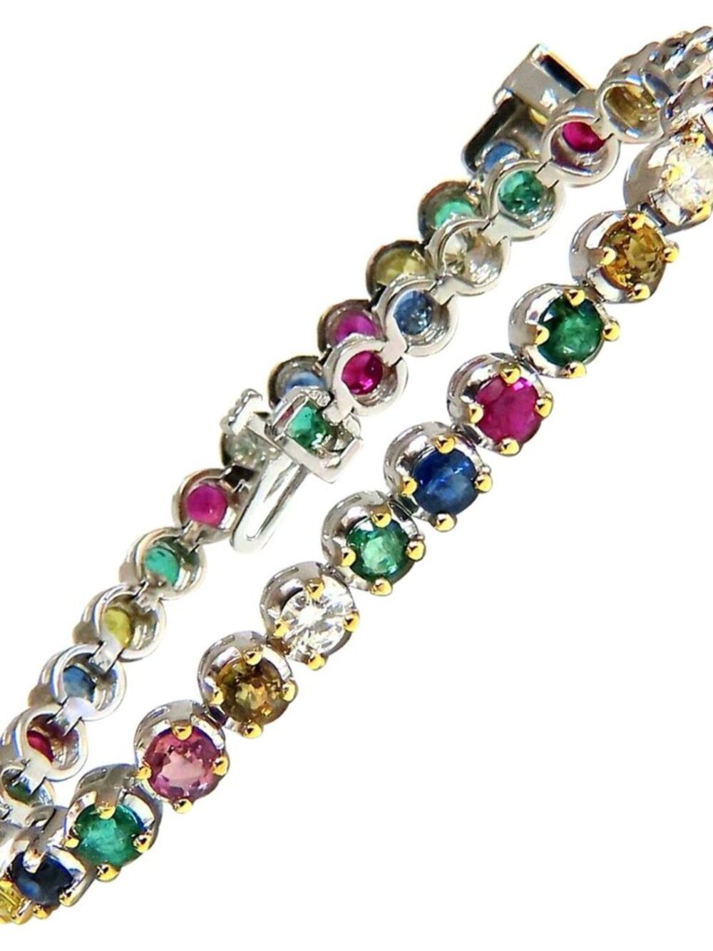 7.36ct natural ruby emerald sapphires diamond tennis bracelet 14kt gold*